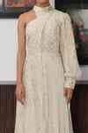 Buy White Banarasi Floral Pattern Band Collar One Shoulder Dress For ...