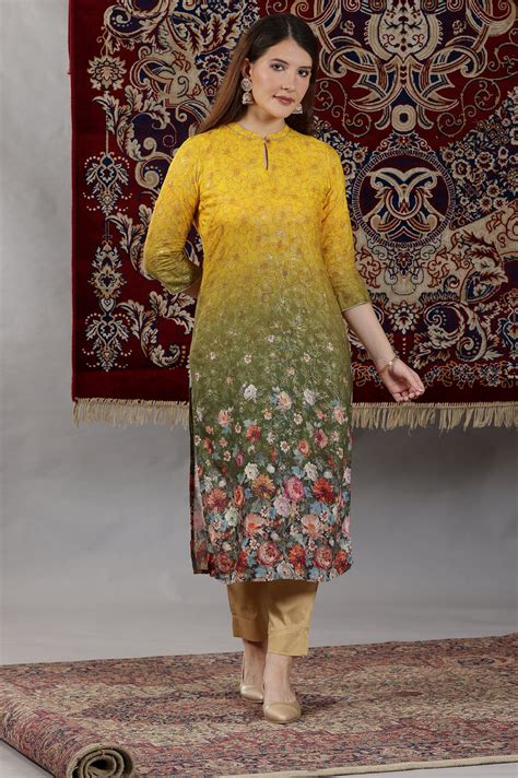 Buy Yellow & Green Ombre Coloured Straight Kurta with Multi-coloured ...