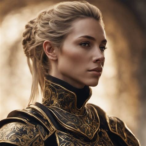 Portrait of a female Paladin in black and golden armor and with an ash ...