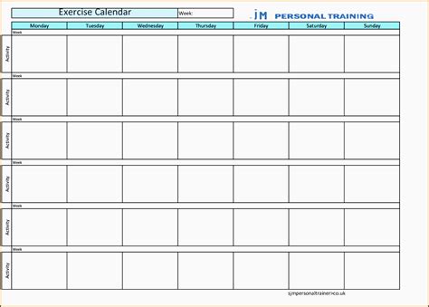 Blank Workout Schedule Template (3) for Personal Training
