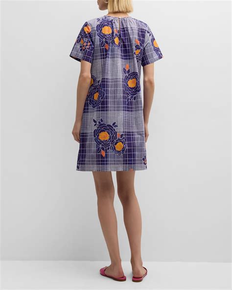 Frances Valentine Mags Plaid Floral-Print Mini Shift Dress | Neiman Marcus