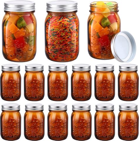 Amazon.com: Tessco 12 Pieces 16 oz Amber Mason Jars with Lids ...