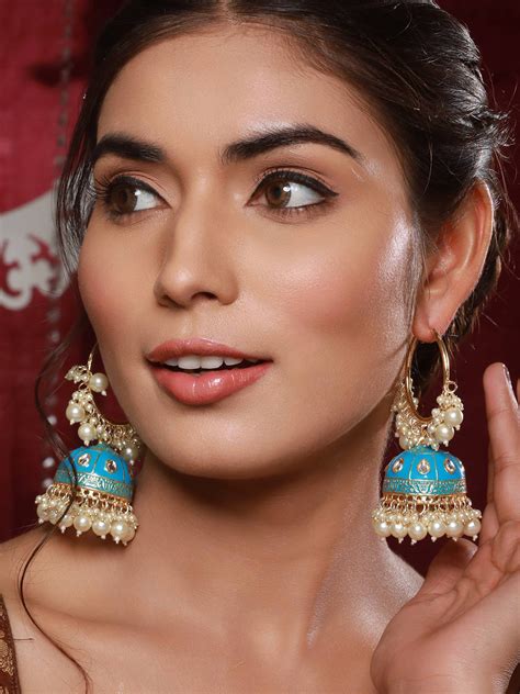 Gold Plated Kundan Studded Firoji Hoop Jhumka Earrings – Jazzandsizzle