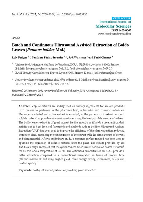 Batch and Continuous Ultrasound-Assisted Extraction of Boldo Leaves ...