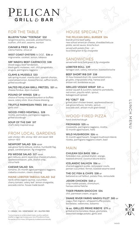 Menu at Pelican Grill restaurant, Newport Beach