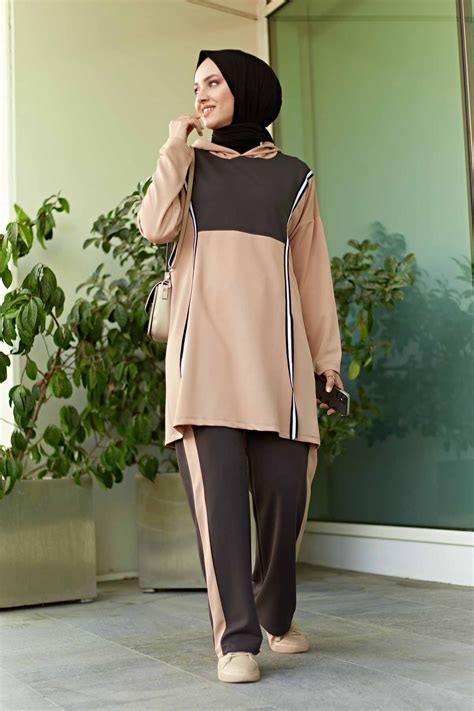 Çizgi Şeritli Eşofman Takım 10050-3 Kahve - Modasena