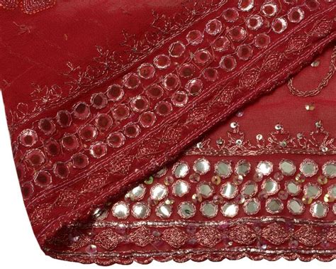 Vintage Saree Border Indian Craft Trim Embroidered Mirror Work Red Rib ...