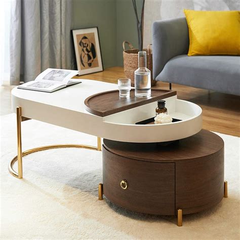 NG Decor Modern Oval Nesting Coffee Table White & Walnut Coffee Table ...