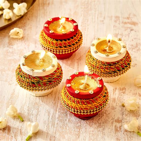 Buy Utsav Set of 4 Clay Embellished Matki Diyas from Home Centre at ...