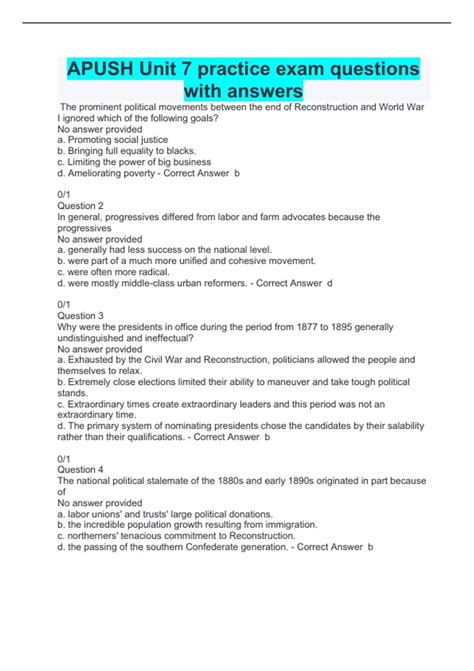 APUSH Unit 7 practice exam questions with answers - MCQ UNIT 7 PROGRESS ...