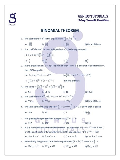 Image result for Binomial Theorem Worksheet