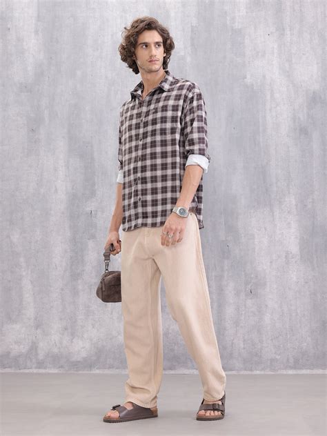 Textured Checkered Regular Fit Shirt | Brown – Wrogn