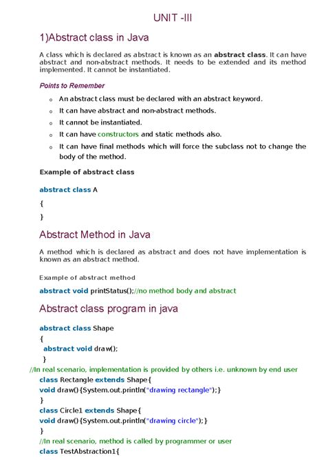 Abstract class in Java - UNIT -III 1)Abstract class in Java A class ...