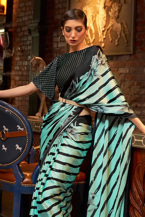 Buy Black And Teal Green Satin Silk Saree | Satin Silk Saree online ...