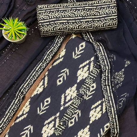 Navy Blue Printed Pure Cotton Dress Material