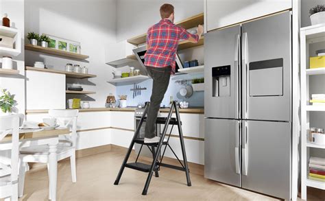 TRADY Aluminium 3 Step Ladder, Black Folding Ladder Stool, Wider ...