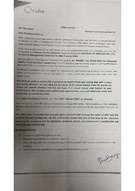 Offer letter of Ocube Services - cube 02nd May 2024 Offer Letter ...