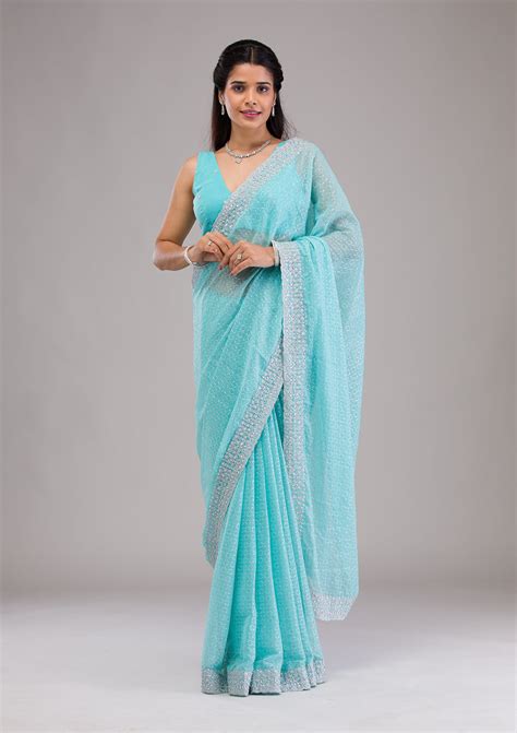 Buy Sky Blue Stonework Georgette Saree - Koskii