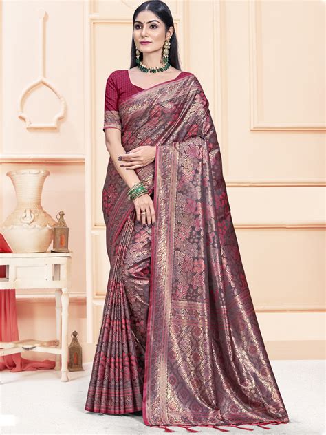 Buy Magenta Satin Saree With Blouse Piece 90501 Online | Karagiri