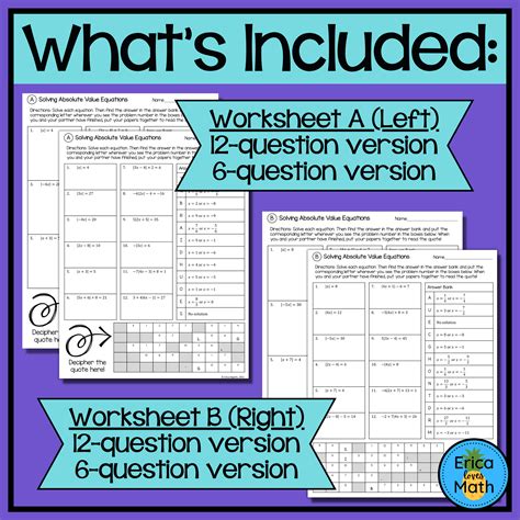 Solving Absolute Value Equations Differentiated Partner Worksheets ...