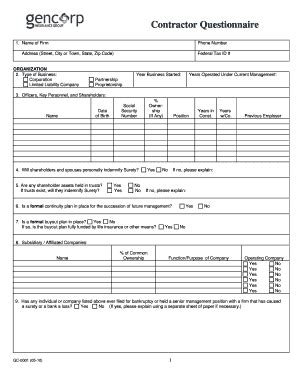 Fillable Online Contractor Questionnaire - Gencorp Insurance Group Fax ...