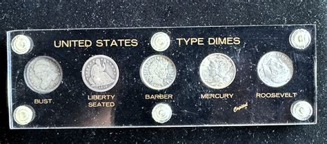 UNITED STATES TYPE SILVER DIMES, 1837- 1964, 5 COINS IN A HARD CASE ...