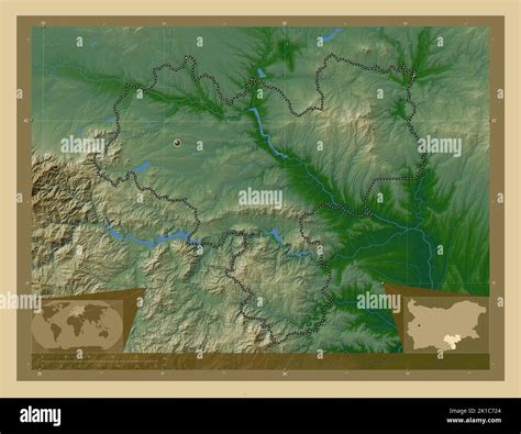 Haskovo, province of Bulgaria. Colored elevation map with lakes and rivers. Corner auxiliary ...