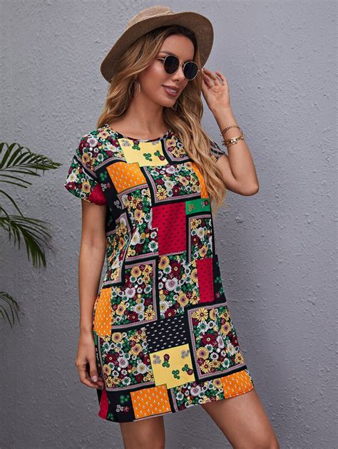 EMERY ROSE Patchwork Print Tunic Dress | SHEIN USA