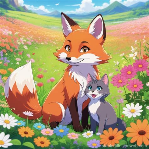 Fox and Cat Playing in Flower Field | Stable Diffusion Online