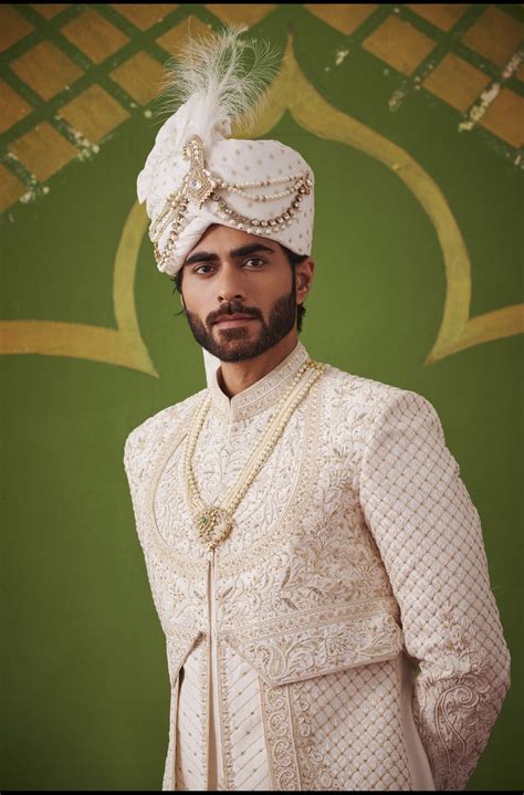 Buy Cream Zari and Pearls Embroidered Three-Layered Sherwani for Groom ...