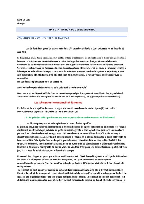 TD 8 - TD n°8 L’EXTINCTION DE L’OBLIGATION COMMENTAIRE CASS. CIV. 1ERE, 28 MAI 2008 - RAPHET ...