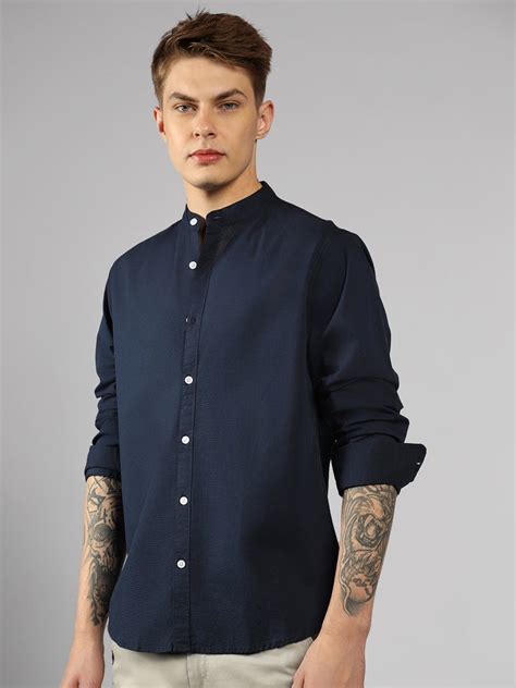 Men's Navy Blue Solid Mandarin Collar Long Sleeves Regular Fit Casual ...