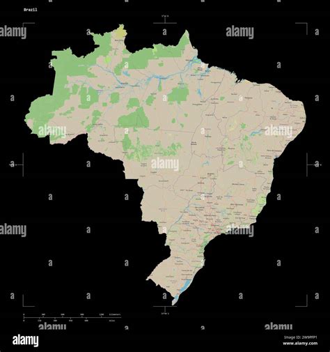 Shape of a topographic, OSM standard style map of the Brazil, with distance scale and map border ...