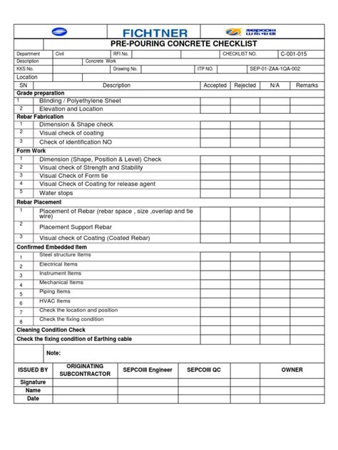 Image result for Pre Concrete Placement Checklist
