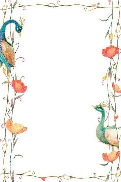 Png frame with watercolor flower and peacock pattern | Premium Photo