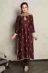 Buy Brown Kurta Dupion Silk, Pant Viscose Thread And Sequin Embroidered ...