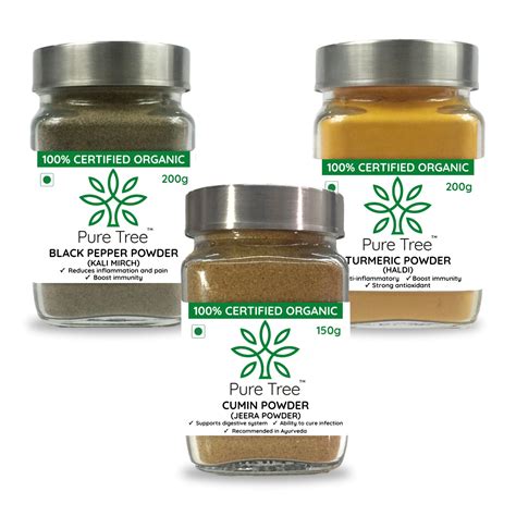 Certified Organic Black Pepper 200gm, Turmeric 200gm, Cumin 150gm, (Po ...