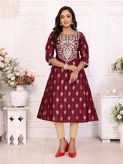 Viscose Blend Embroidered A-line Calf Length Kurta - Rangita