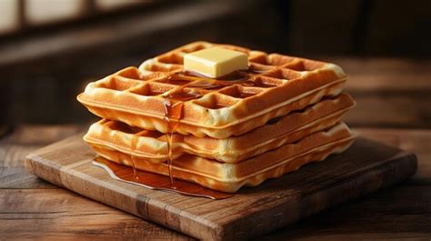 Realistic waffle stack with syrup and butter on wood | Premium AI ...