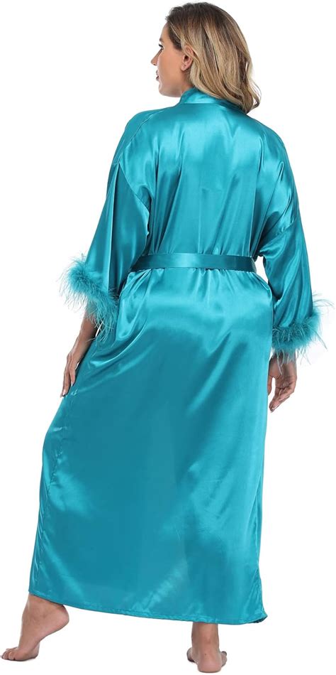 Buy MissNina Women's Satin Kimono Robe with Ostrich Feather Trim Silk ...
