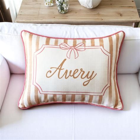 French Striped Bow Personalized Pillow with Baby Pink Piping - 19-inch ...