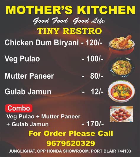 Menu at Mother's kitchen, Port Blair