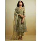 Olive Green Thread Embroidered Cotton Chanderi Silk Suit - Set of 3