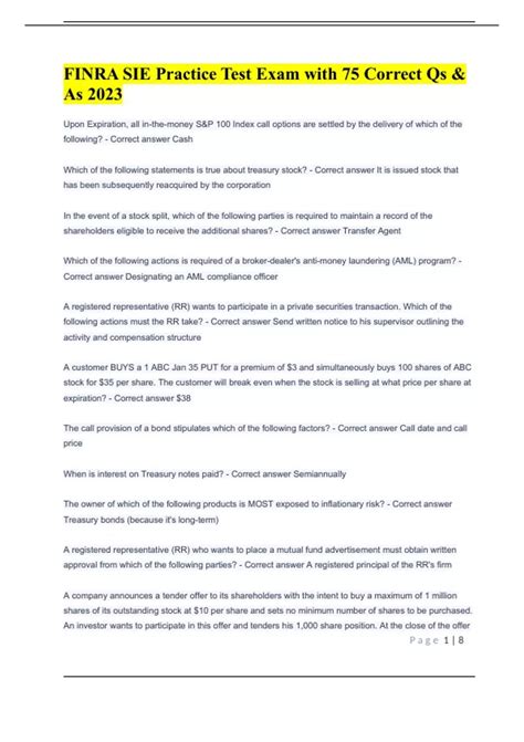 FINRA SIE Practice Test Exam with 75 Correct Qs & As 2023 - FINRA SIE ...