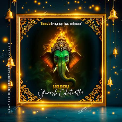 Radiant Ganesh Chaturthi Wishes with Golden Frame and Temple Bells ...