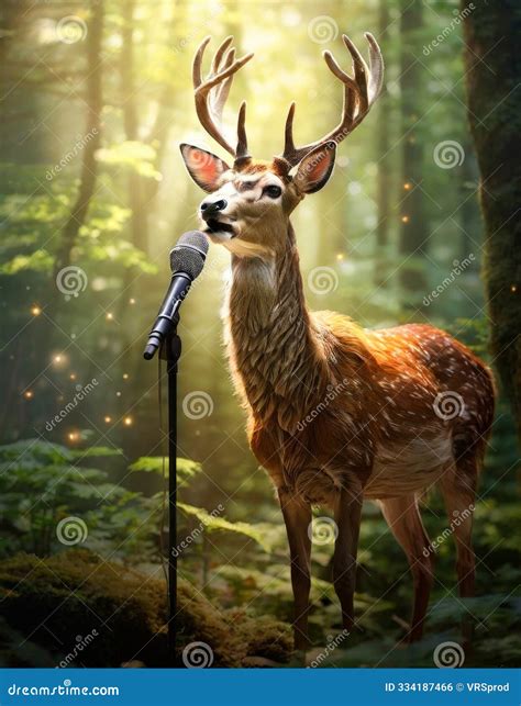 Deer Singing into Microphone in a Magical Forest Setting Stock Photo ...