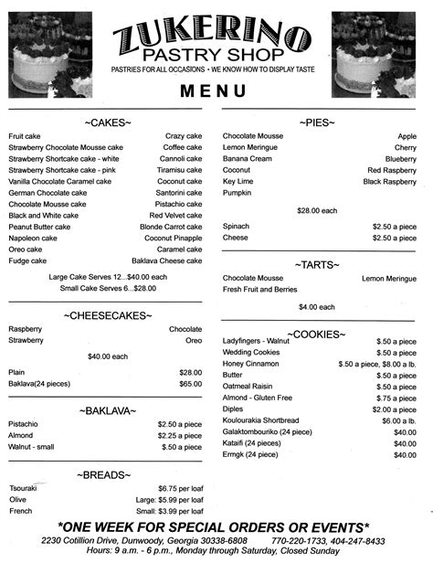 Menu at Zukerino Pastry Shop, Atlanta