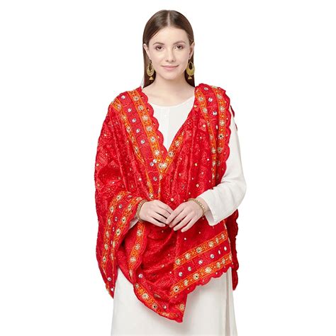 RED PHULKARI DUPATTA FOUR SIDE CUT WORK WITH MIRRORS BY THE AMRITSAR ...