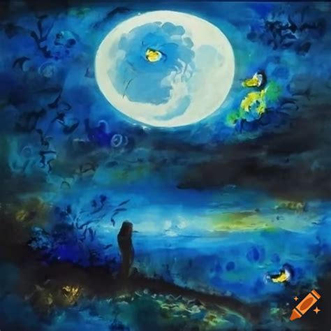 Traditional painting with night moon and fireflies