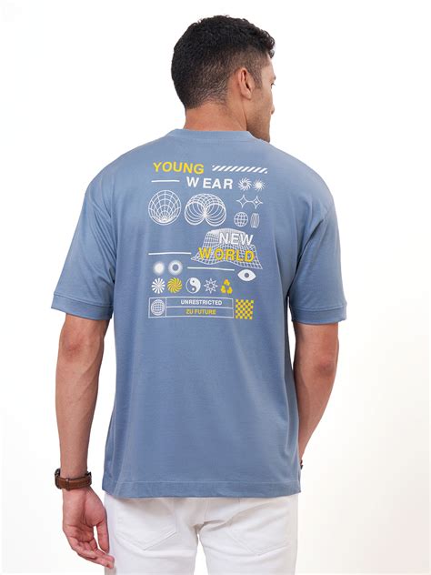Buy Steel Blue Printed Oversized Tshirt| Zu Clothing